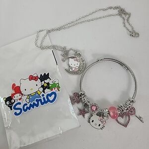 Hello Kitty Inspired Charm Bracelet Silver Pink Crystal Charm + Necklace